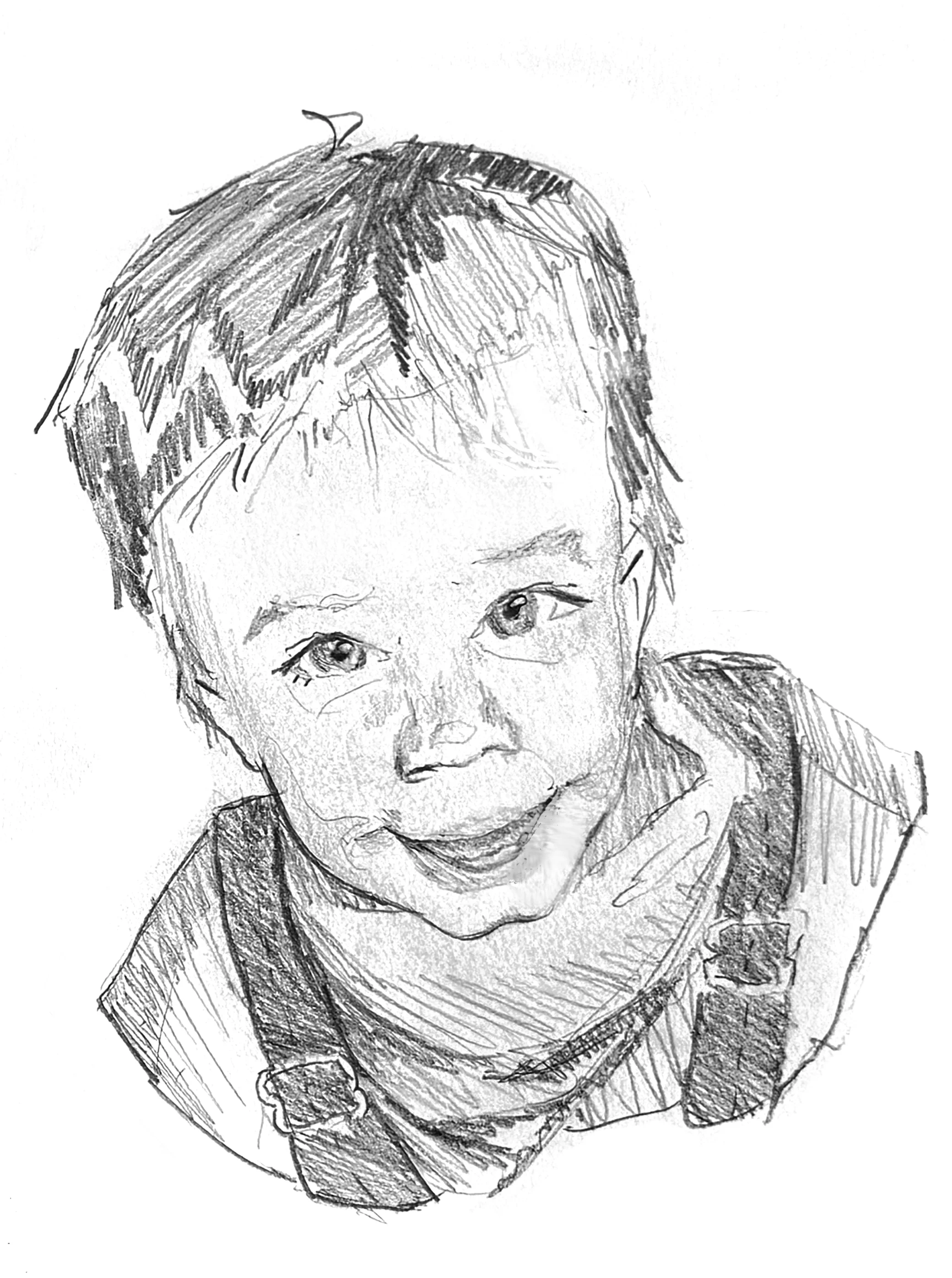 Pencil sketch of a smiling child with short, tousled hair. The child wears a jumper, conveying innocence and warmth. The drawing has a cheerful tone.